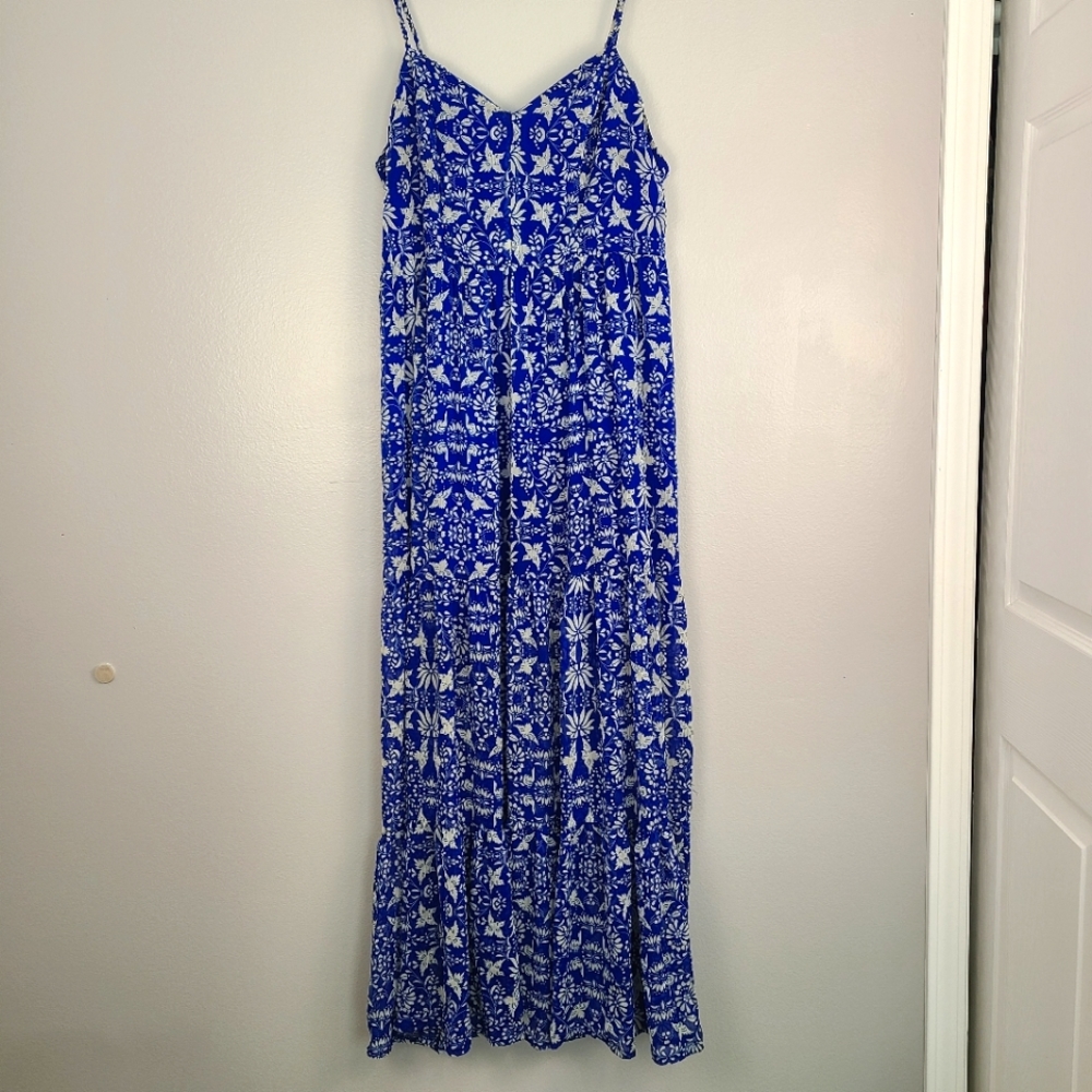 Royal Blue & White Floral Novelty Bird Print Tiered V-neck Spaghetti Strap Dress